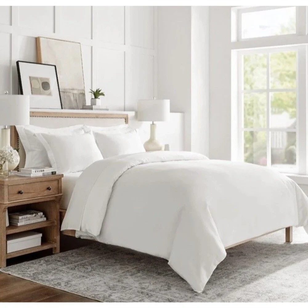 Levtex Sateen White Full/Queen Duvet Cover + 2 Standard Shams Cotton Sateen NEW